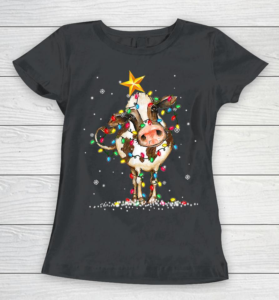 Cow Reindeer Christmas Lights Women T-Shirt