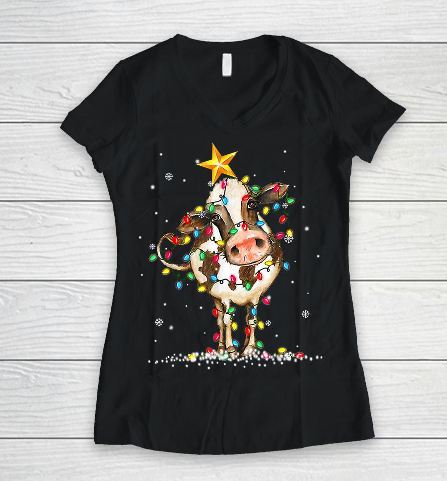 Cow Reindeer Christmas Lights Women V-Neck T-Shirt