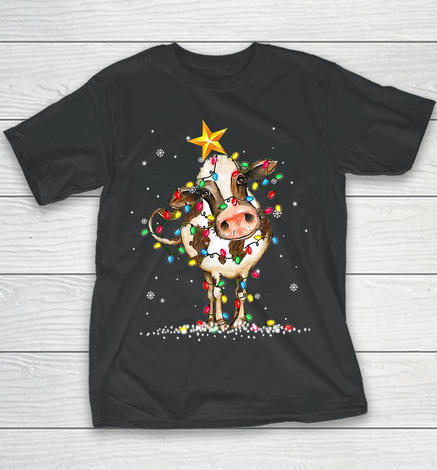 Cow Reindeer Christmas Lights Youth T-Shirt