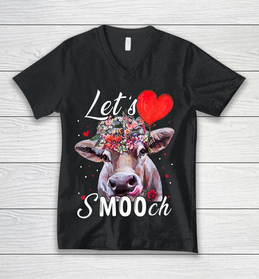 Cow Valentine Let's Smooch Farmer Valentine's Day Unisex V-Neck T-Shirt