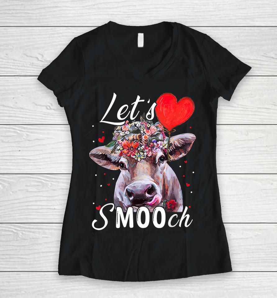 Cow Valentine Let's Smooch Farmer Valentine's Day Women V-Neck T-Shirt