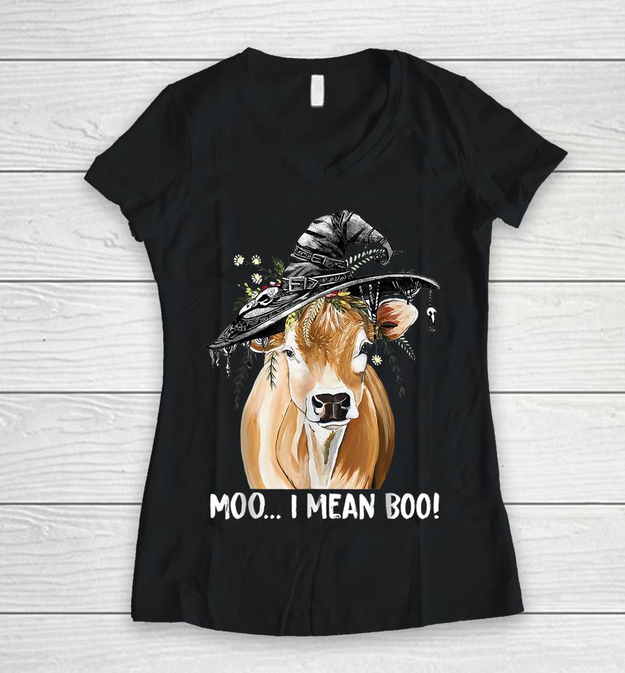 Cow Witch Halloween Moo I Mean Boo Women V-Neck T-Shirt