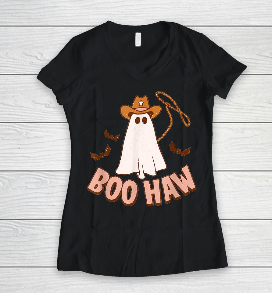 Cowboy Cowgirl Boohaw Retro Western Ghost Halloween Party Women V-Neck T-Shirt