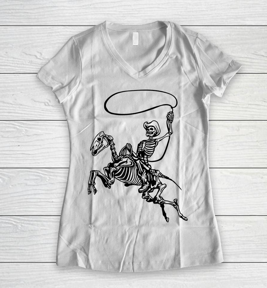 Cowboy Skeleton Halloween Women V-Neck T-Shirt