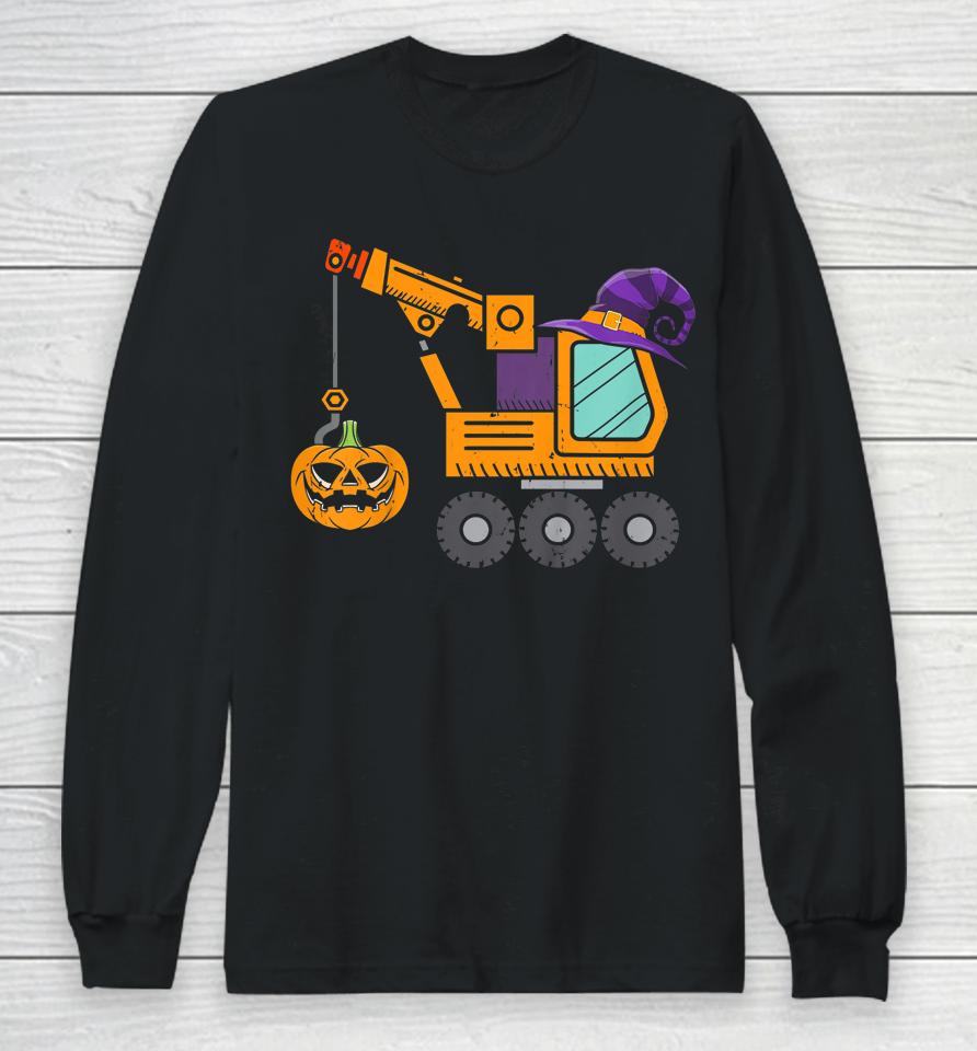 Crane Truck Pumpkin Toddler Baby Boys Halloween Long Sleeve T-Shirt