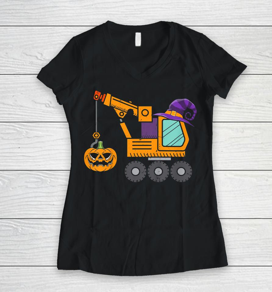 Crane Truck Pumpkin Toddler Baby Boys Halloween Women V-Neck T-Shirt