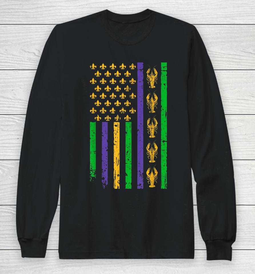 Crawfish Mardi Gras American Flag Vintage Long Sleeve T-Shirt