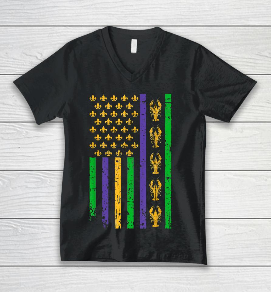 Crawfish Mardi Gras American Flag Vintage Unisex V-Neck T-Shirt