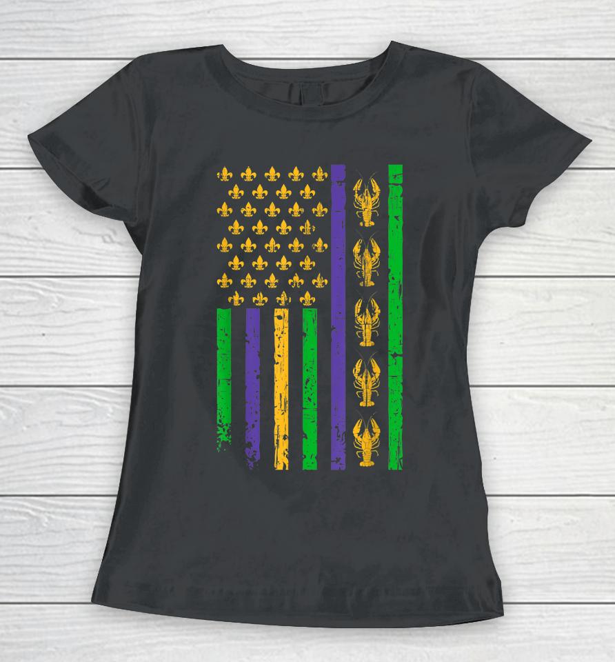 Crawfish Mardi Gras American Flag Vintage Women T-Shirt