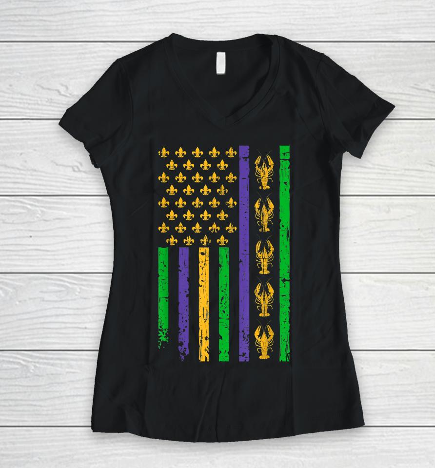 Crawfish Mardi Gras American Flag Vintage Women V-Neck T-Shirt