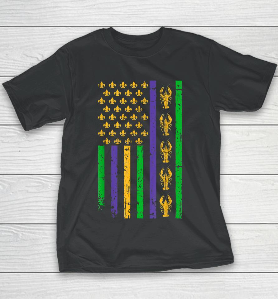 Crawfish Mardi Gras American Flag Vintage Youth T-Shirt