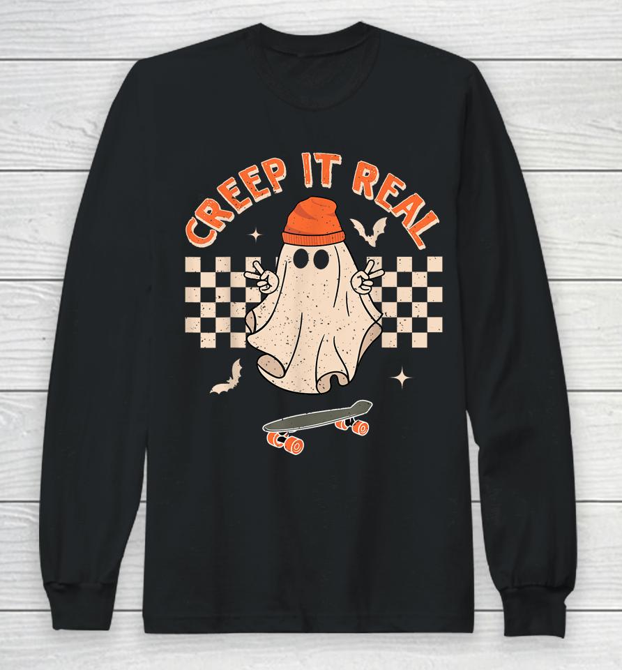 Creep It Real Skateboarding Ghost Retro Halloween Long Sleeve T-Shirt