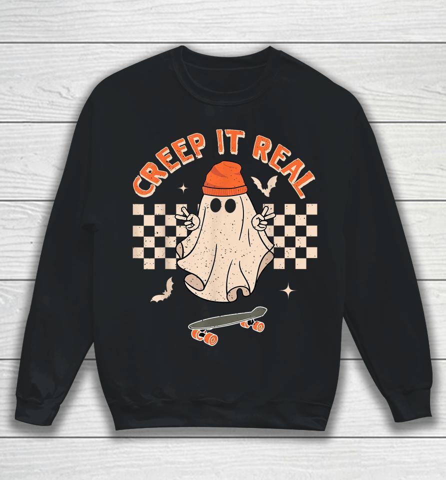 Creep It Real Skateboarding Ghost Retro Halloween Sweatshirt