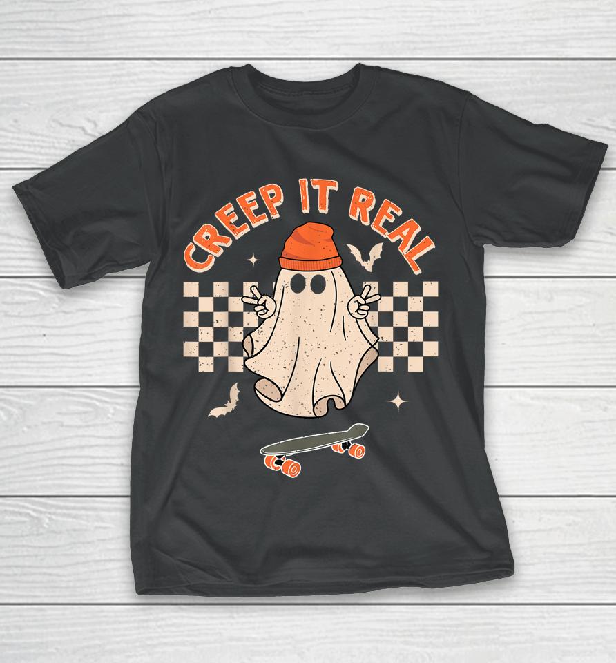Creep It Real Skateboarding Ghost Retro Halloween T-Shirt