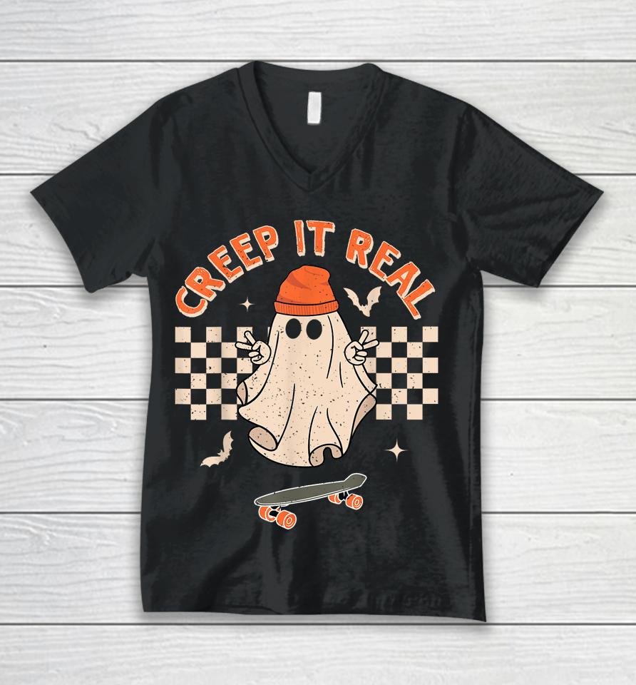 Creep It Real Skateboarding Ghost Retro Halloween Unisex V-Neck T-Shirt