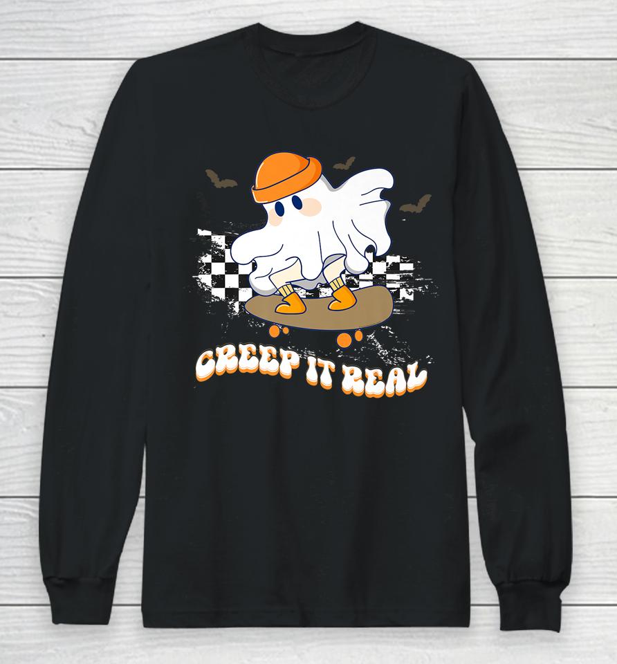 Creep It Real Vintage Ghost Skateboarding Wearing A Beanie Long Sleeve T-Shirt