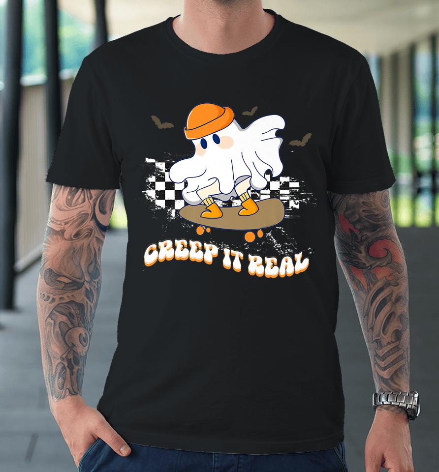 Creep It Real Vintage Ghost Skateboarding Wearing A Beanie Premium T-Shirt