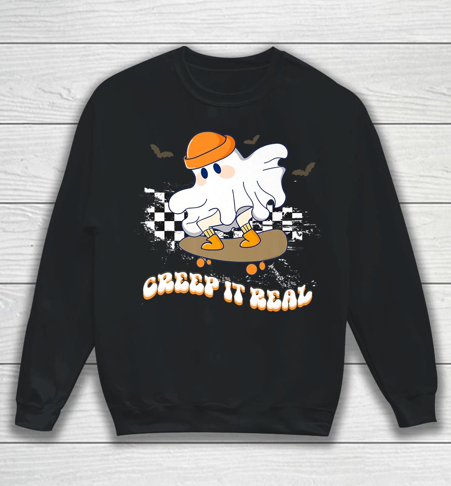 Creep It Real Vintage Ghost Skateboarding Wearing A Beanie Sweatshirt