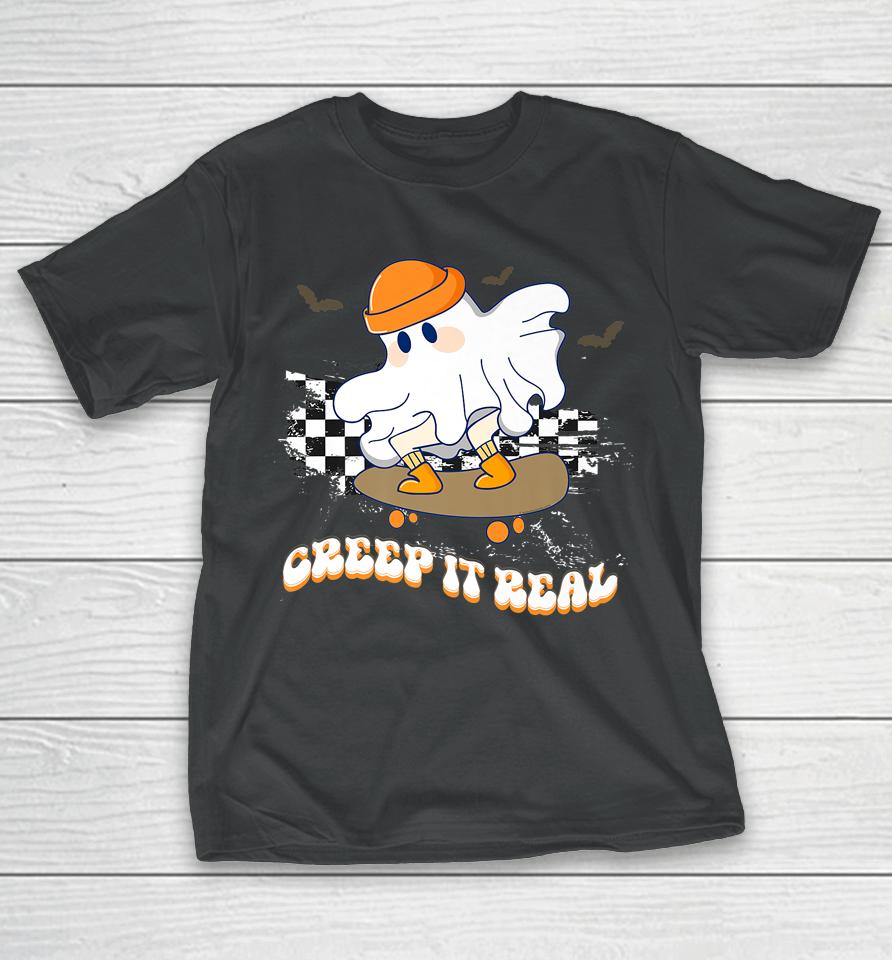Creep It Real Vintage Ghost Skateboarding Wearing A Beanie T-Shirt