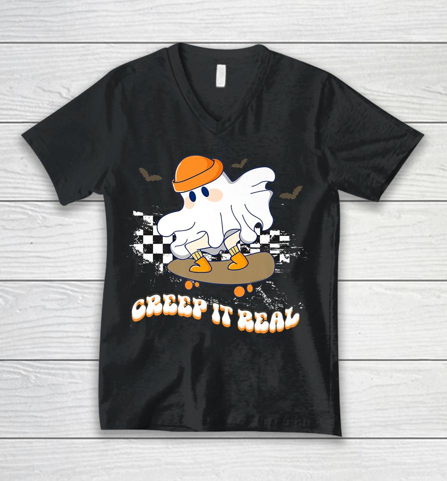 Creep It Real Vintage Ghost Skateboarding Wearing A Beanie Unisex V-Neck T-Shirt