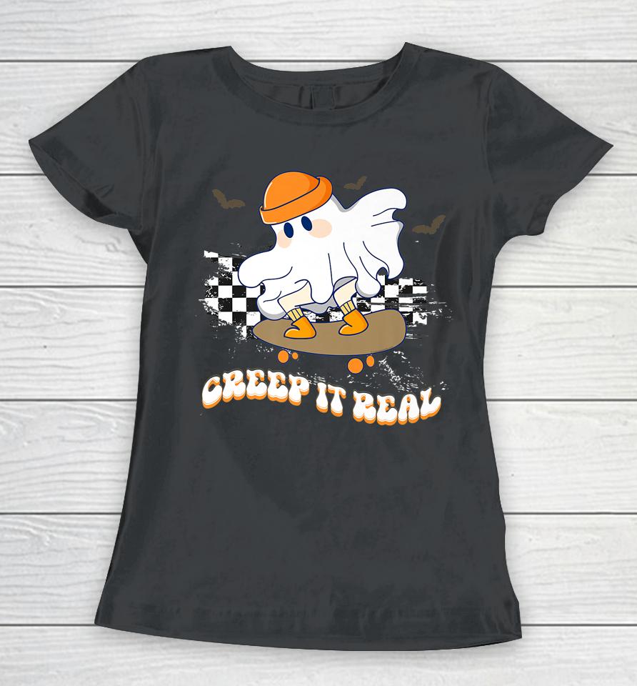 Creep It Real Vintage Ghost Skateboarding Wearing A Beanie Women T-Shirt