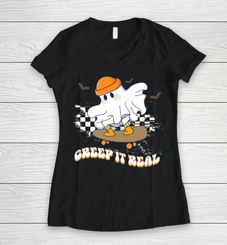 Creep It Real Vintage Ghost Skateboarding Wearing A Beanie Women V-Neck T-Shirt