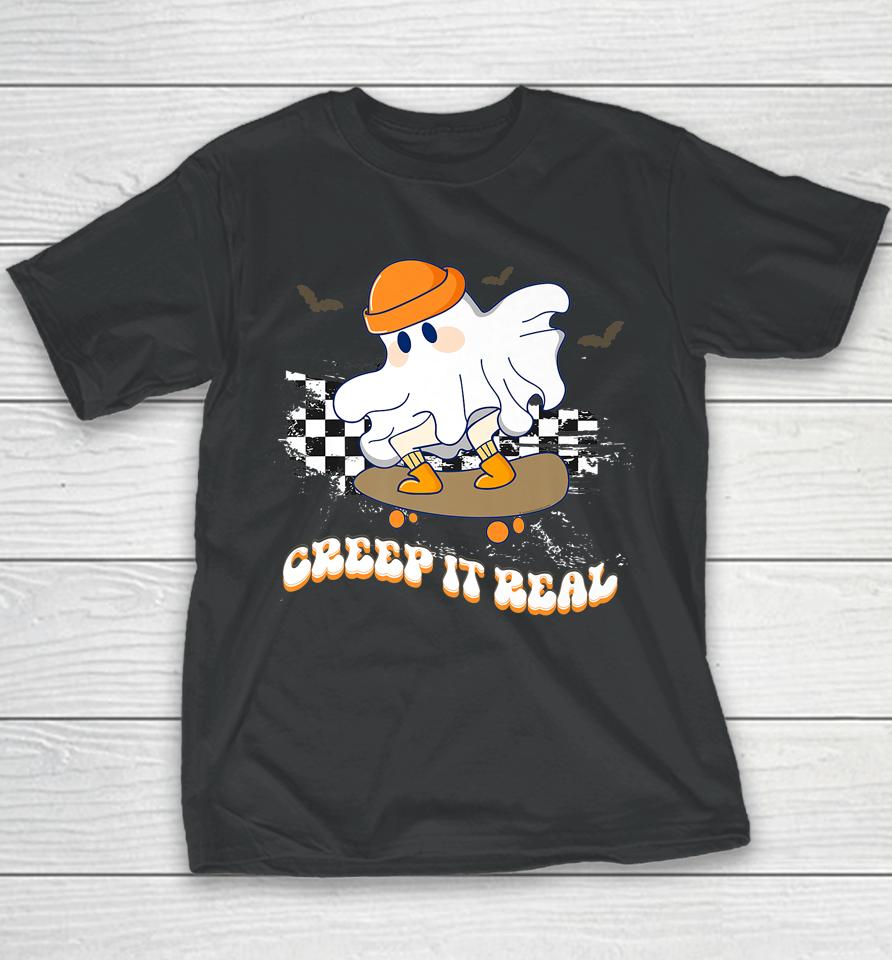 Creep It Real Vintage Ghost Skateboarding Wearing A Beanie Youth T-Shirt