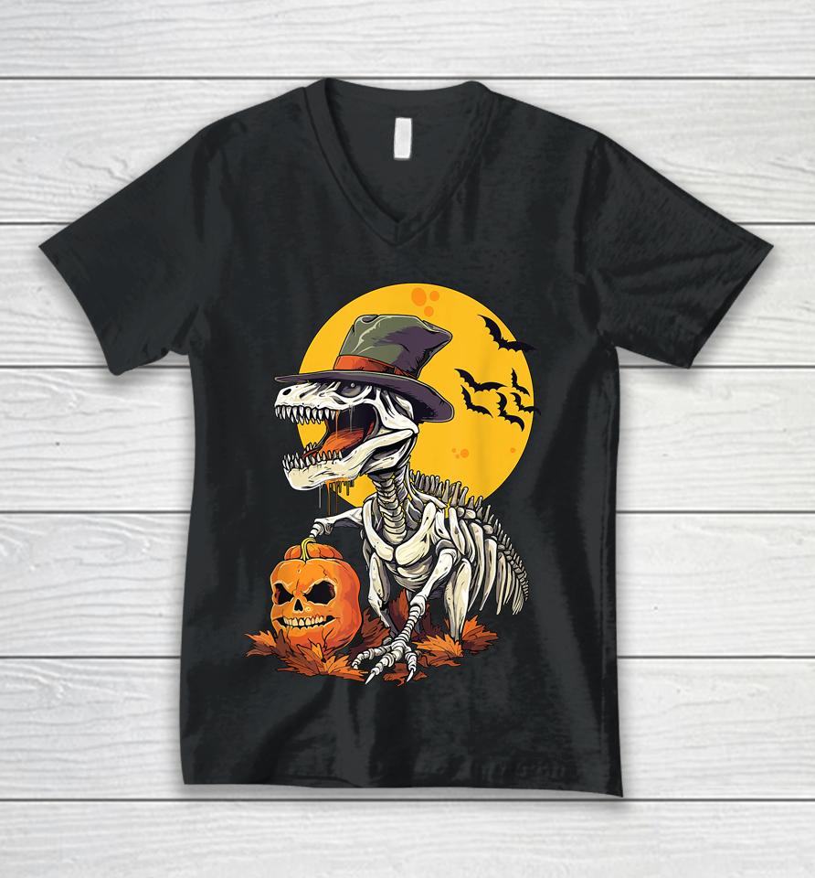 Creepy Funny Skeleton Dinosaur T Rex Halloween Unisex V-Neck T-Shirt