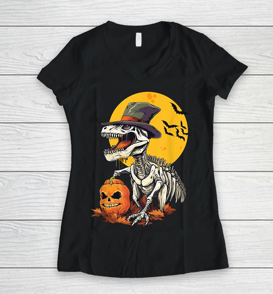 Creepy Funny Skeleton Dinosaur T Rex Halloween Women V-Neck T-Shirt