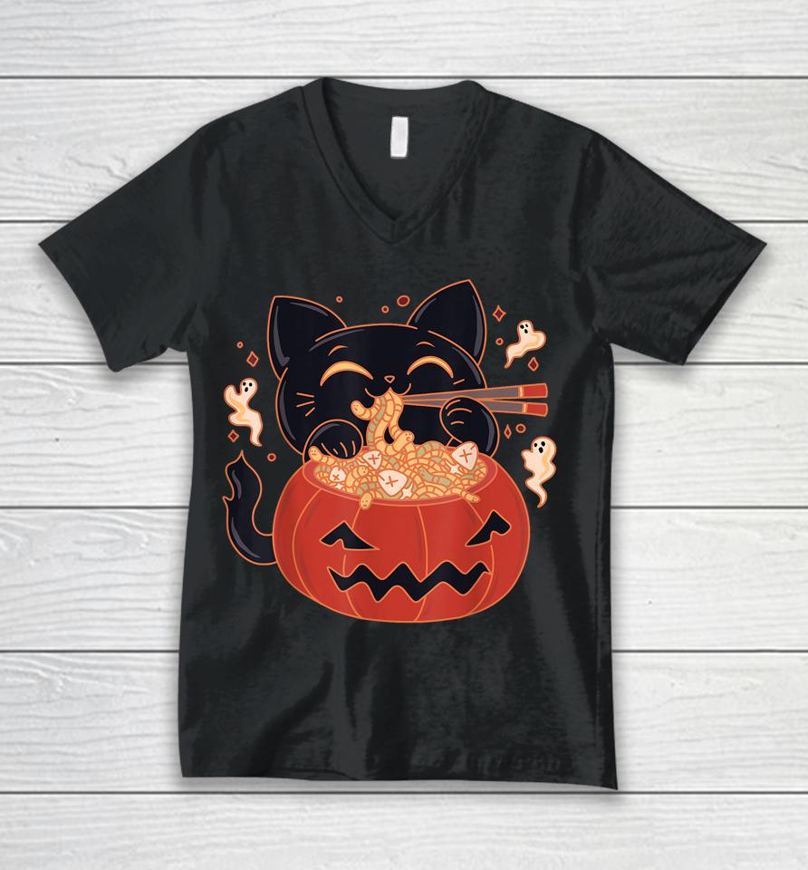 Creepy Kawaii Cat Eating Worms Ramen Noodles Halloween Unisex V-Neck T-Shirt