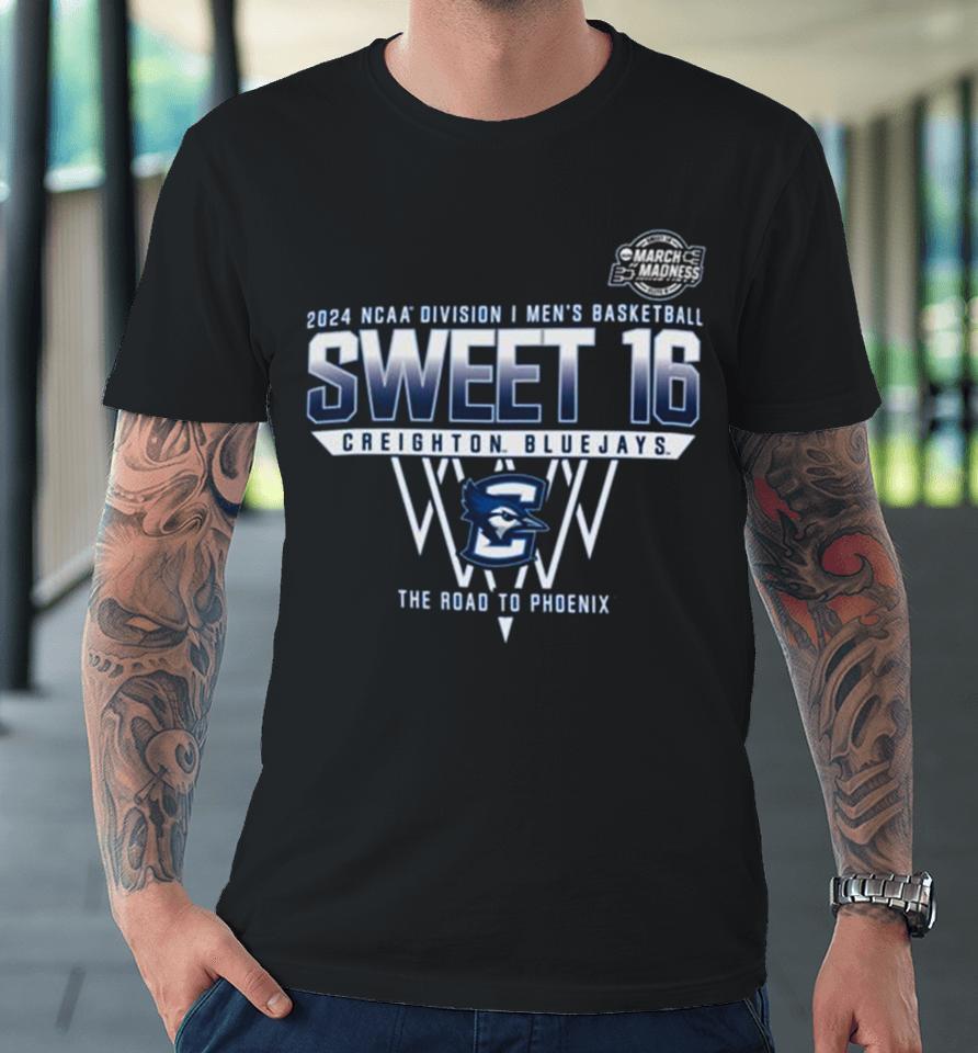 Creighton Bluejays 2024 Ncaa Division I Men’s Basketball Sweet 16 The Road To Phoenix Premium T-Shirt