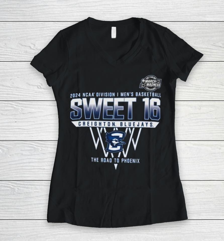 Creighton Bluejays 2024 Ncaa Division I Men’s Basketball Sweet 16 The Road To Phoenix Women V-Neck T-Shirt