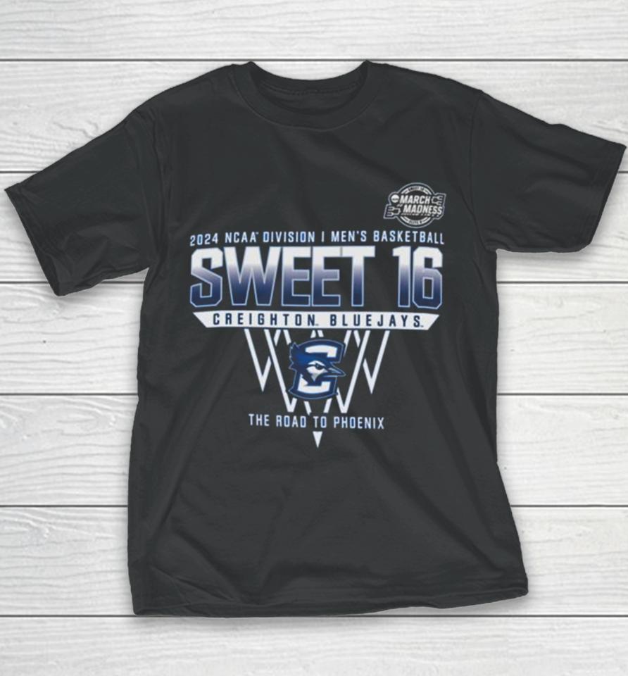 Creighton Bluejays 2024 Ncaa Division I Men’s Basketball Sweet 16 The Road To Phoenix Youth T-Shirt
