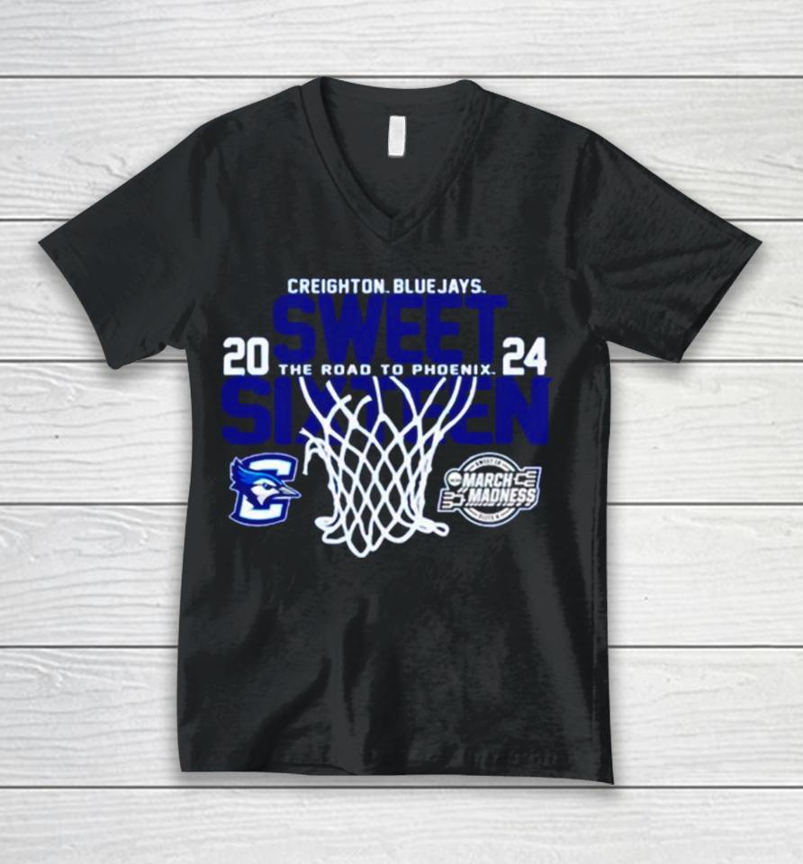 Creighton Bluejays Blue 2024 Sweet Sixteen The Road To Phoenix March Madness Unisex V-Neck T-Shirt