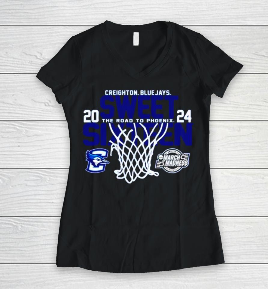 Creighton Bluejays Blue 2024 Sweet Sixteen The Road To Phoenix March Madness Women V-Neck T-Shirt