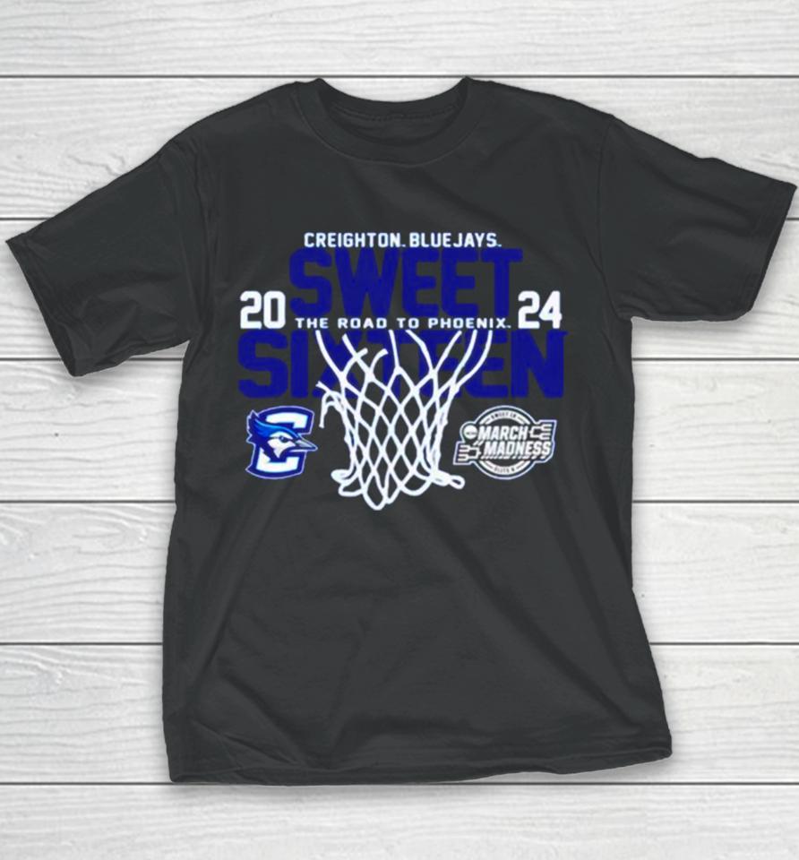 Creighton Bluejays Blue 2024 Sweet Sixteen The Road To Phoenix March Madness Youth T-Shirt