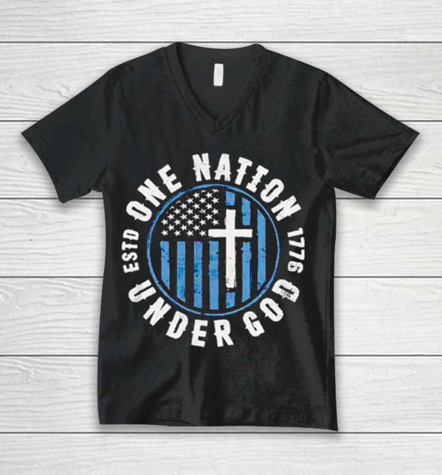 Cross One Nation Under God 1776 Usa Flag Unisex V-Neck T-Shirt