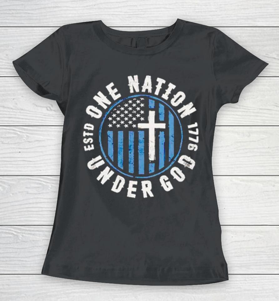 Cross One Nation Under God 1776 Usa Flag Women T-Shirt