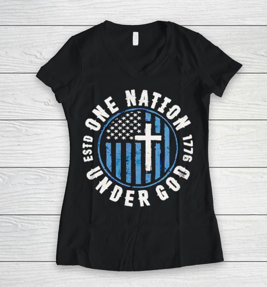 Cross One Nation Under God 1776 Usa Flag Women V-Neck T-Shirt
