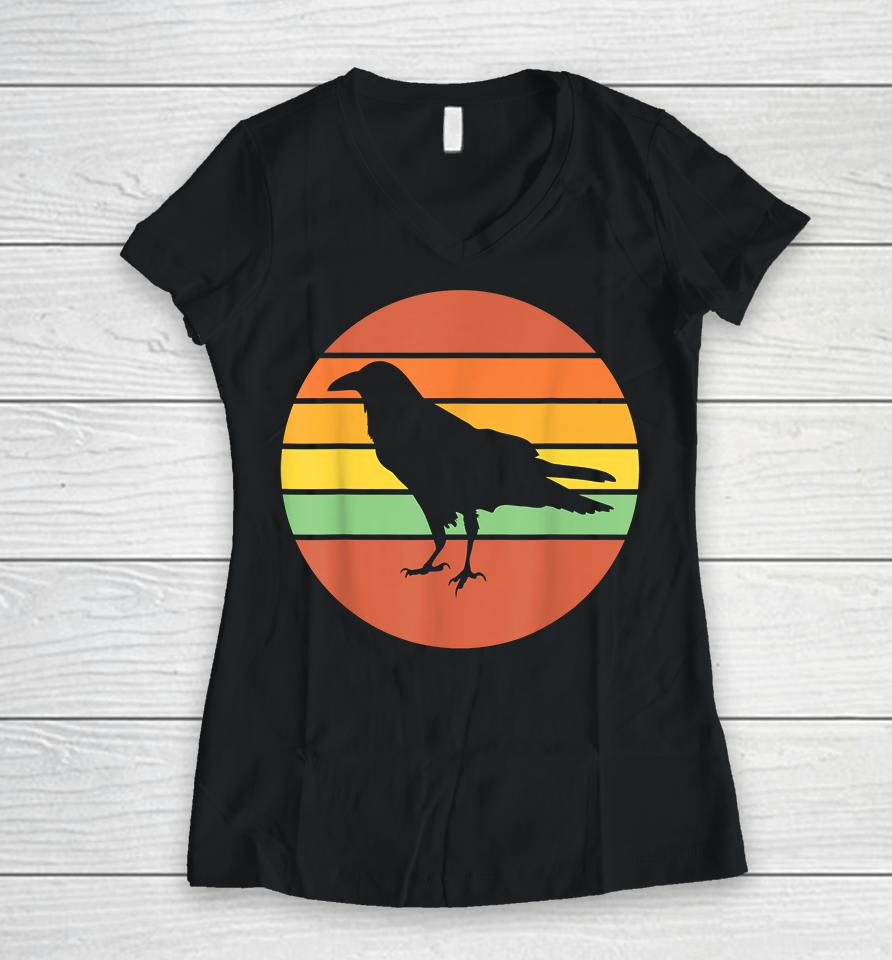 Crow Raven Retro Sunset Women V-Neck T-Shirt