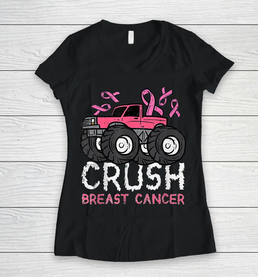Crush Breast Cancer Awareness Monster Truck Women V-Neck T-Shirt