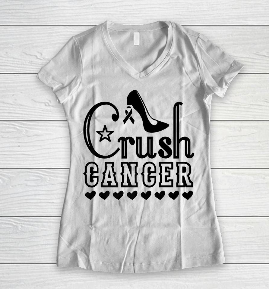 Crush Cancer Women Heels Breast Cancer Survivor Pink Ribbon Women V-Neck T-Shirt