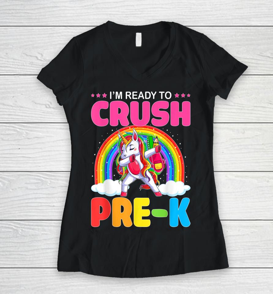 Crush Pre-K Dabbing Unicorn Back To School Girl Student Gift Women V-Neck T-Shirt