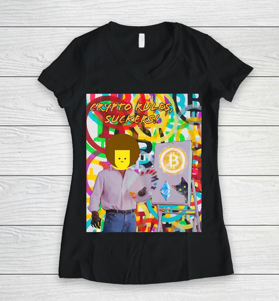 Crypto Rules Suckers Bitcoin Ethereum Cat Painting Women V-Neck T-Shirt