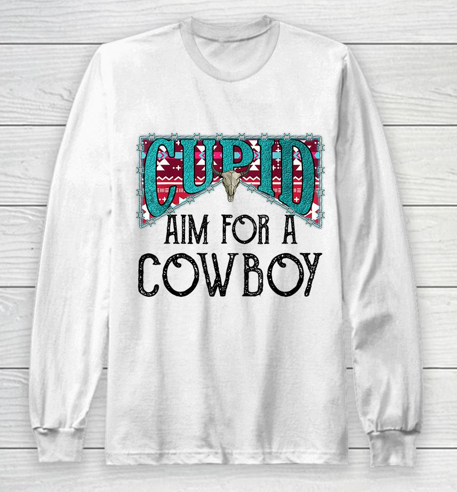 Cupid Aim For A Cowboy Western Bull Skull Valentines Long Sleeve T-Shirt