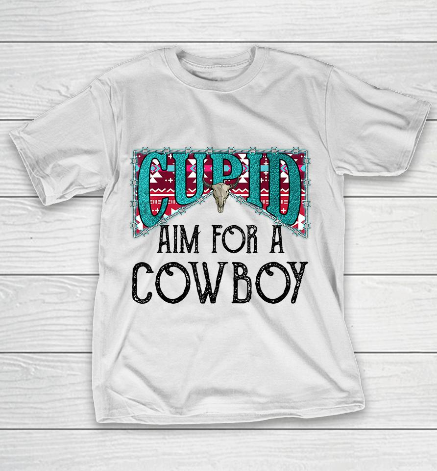 Cupid Aim For A Cowboy Western Bull Skull Valentines T-Shirt