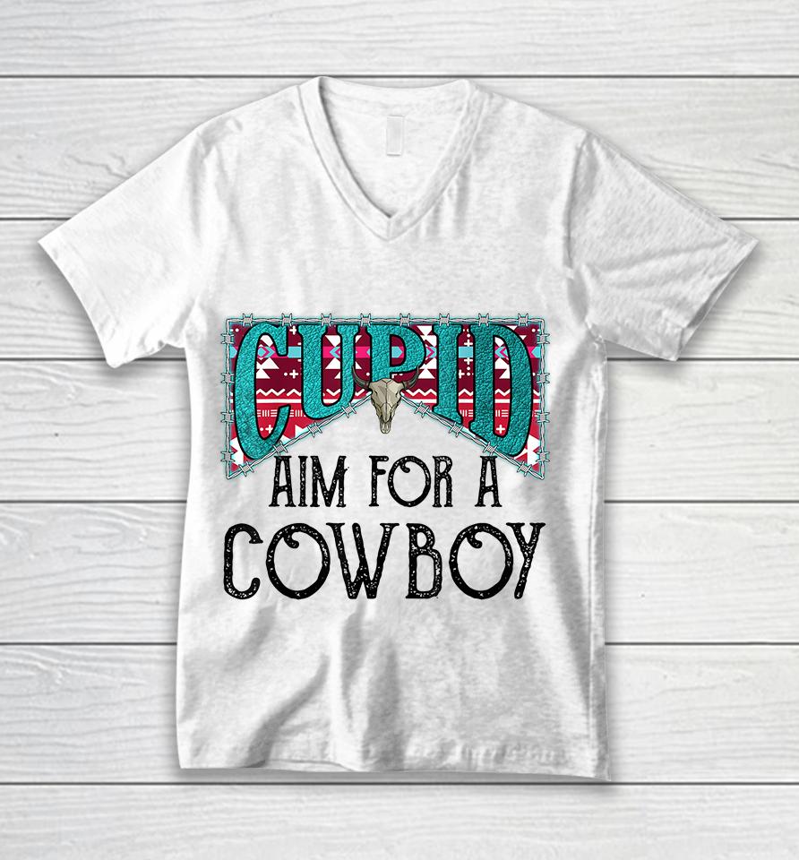 Cupid Aim For A Cowboy Western Bull Skull Valentines Unisex V-Neck T-Shirt