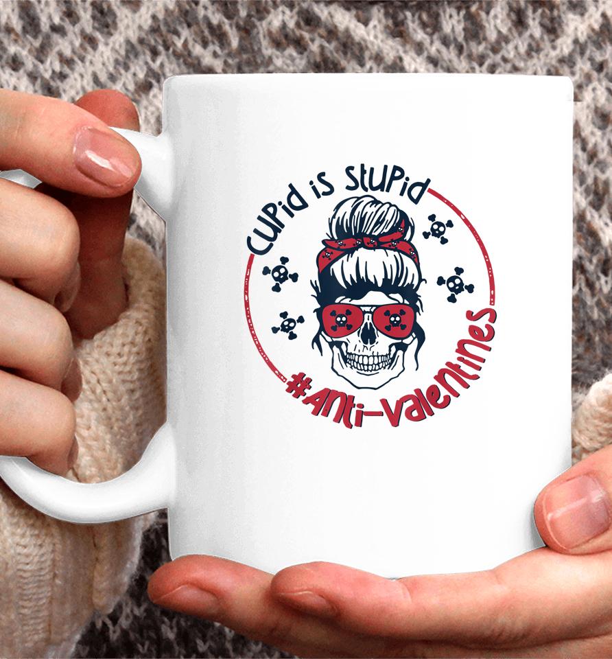 Cupid Is Stupid Skull Messy Bun Anti Valentines Day Coffee Mug