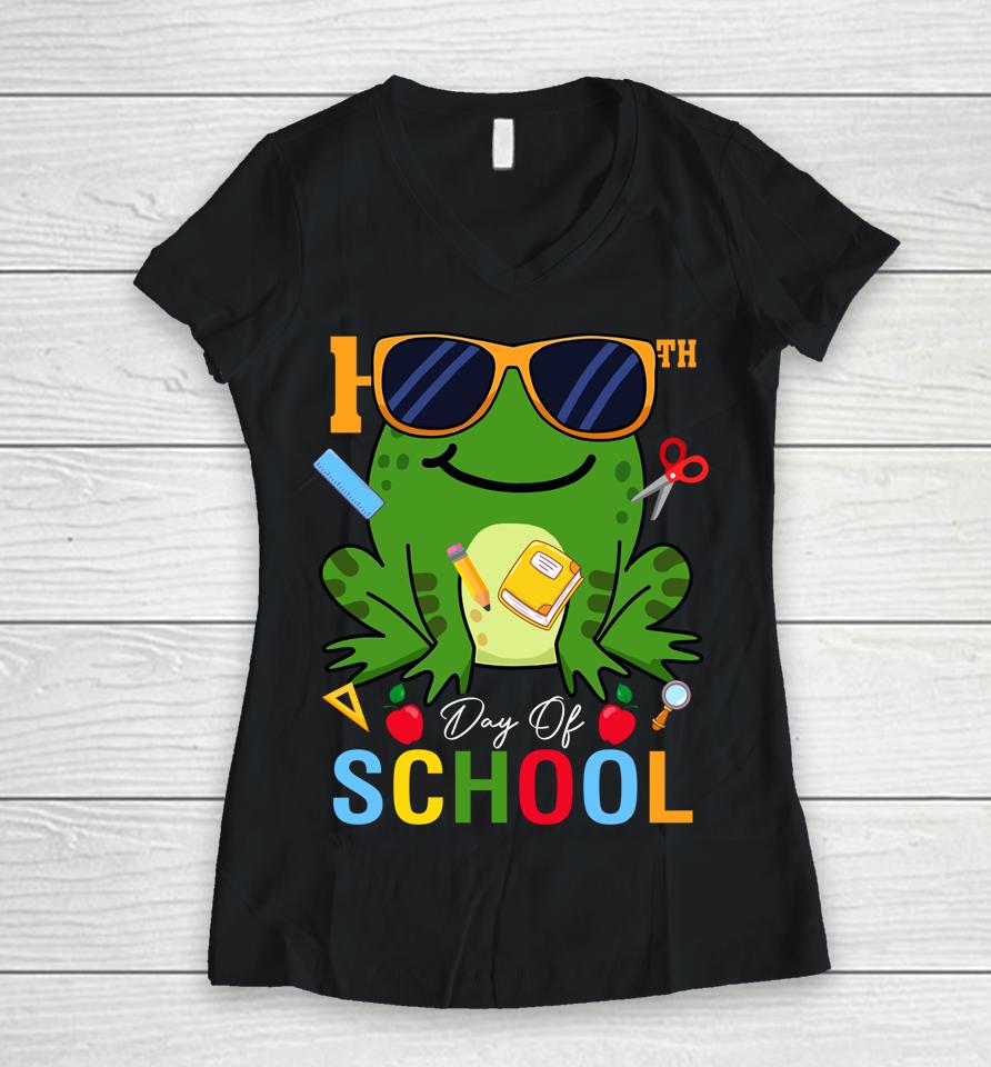 Cute 100Th Day Of School Frog Glasses 100 Days Smarter Women V-Neck T-Shirt