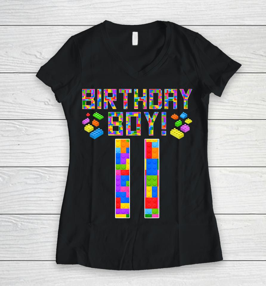 Cute 11Th Birthday Gift 11 Years Old Block Building Boys Kids Women V-Neck T-Shirt